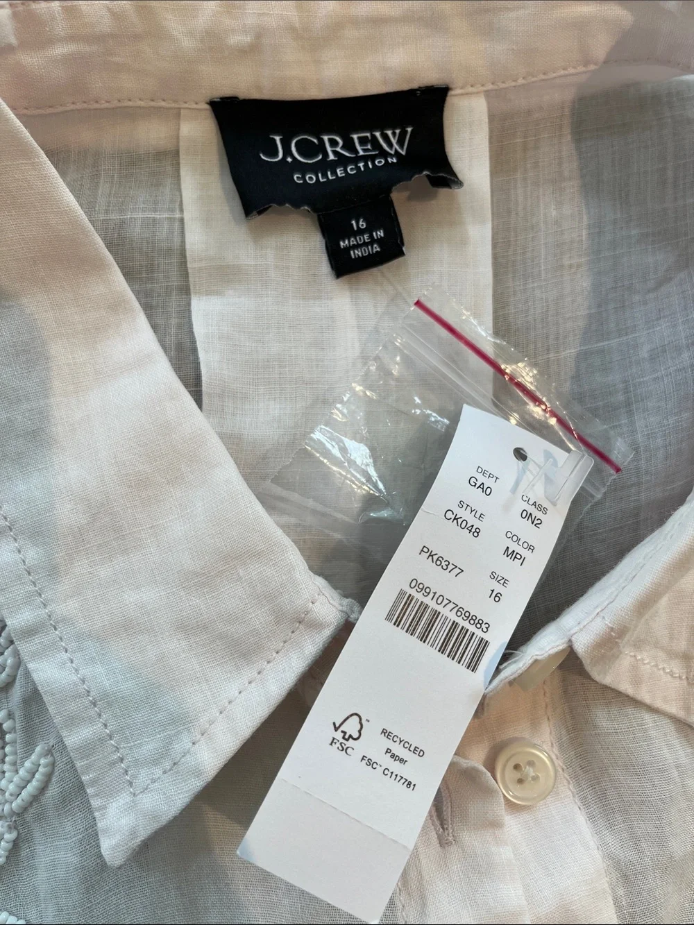 NEW! J. Crew Collection Light Pink beaded Button-Front Women’s Top ramie size 16